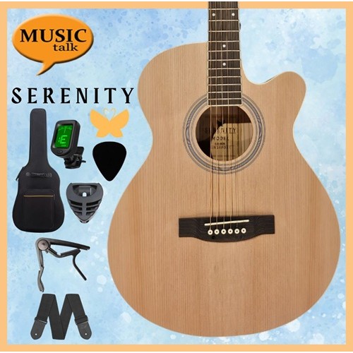Serenity Beginner Acoustic Guitar Satin Natural Free Bag, Strap Capo Pickcase pick Tuner