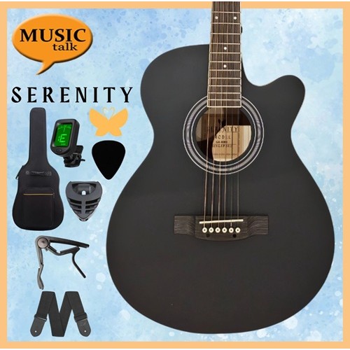 Serenity Beginner Acoustic Guitar Satin Black Free Bag, Strap Capo Pickcase pick Tuner